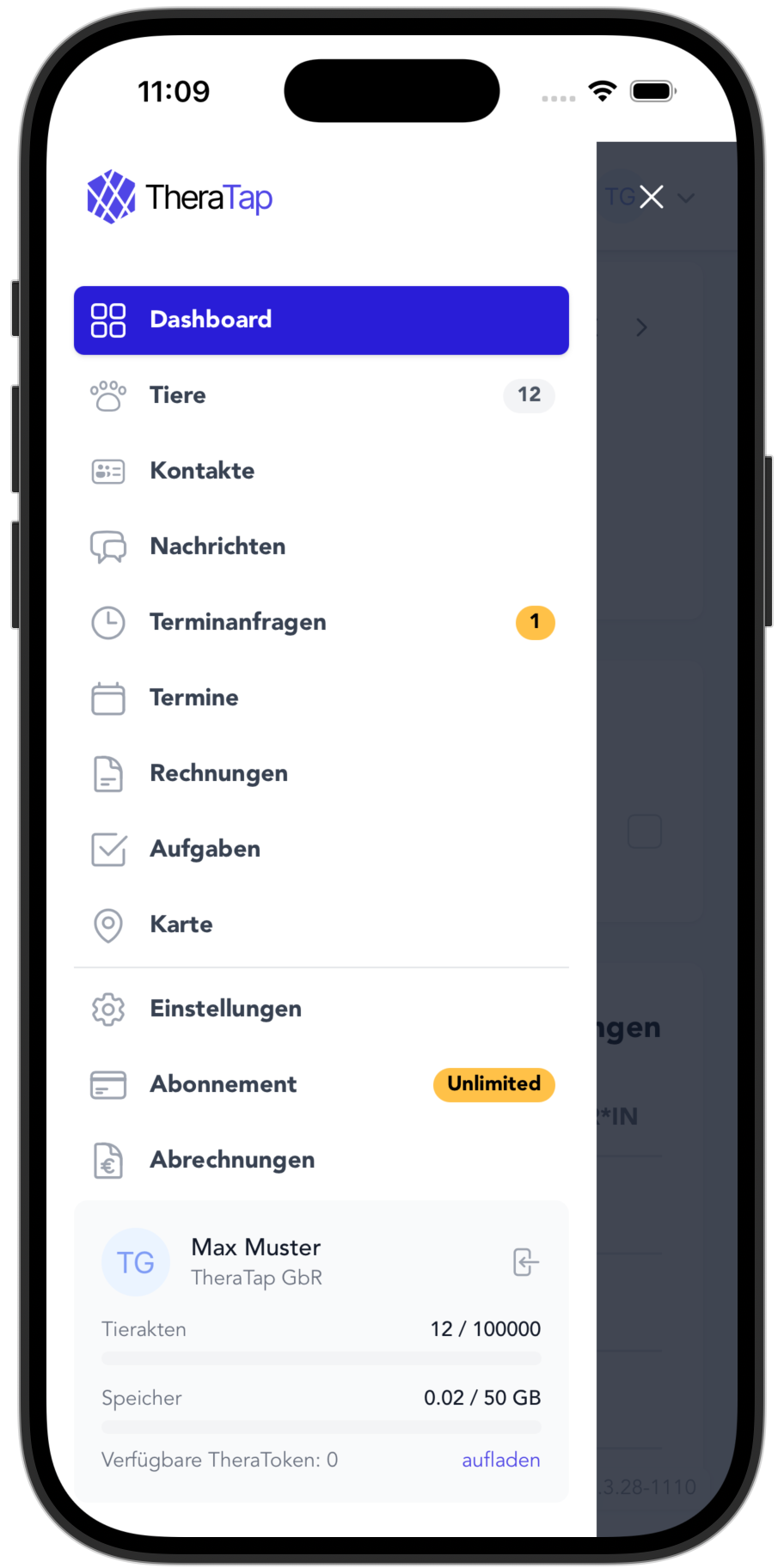 TheraTap-App: Seitenmenü
