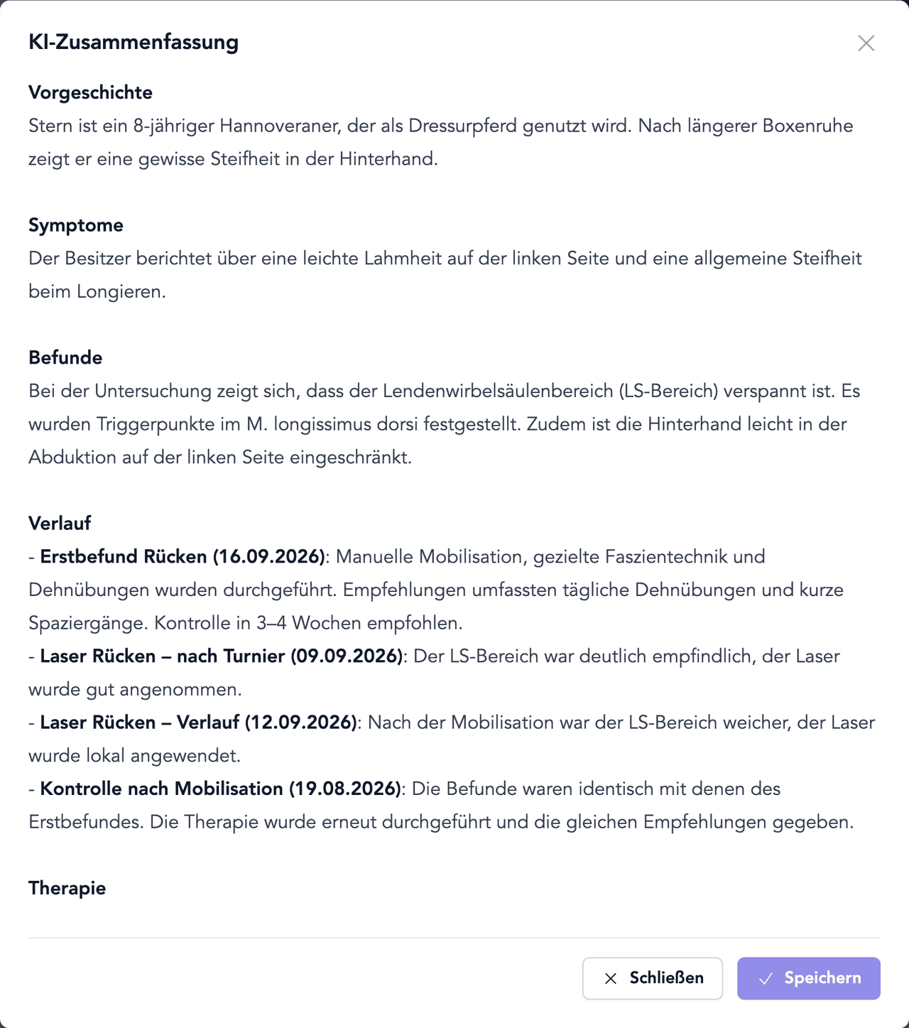 KI-Zusammenfassung der Krankengeschichte eines Tieres in TheraTap